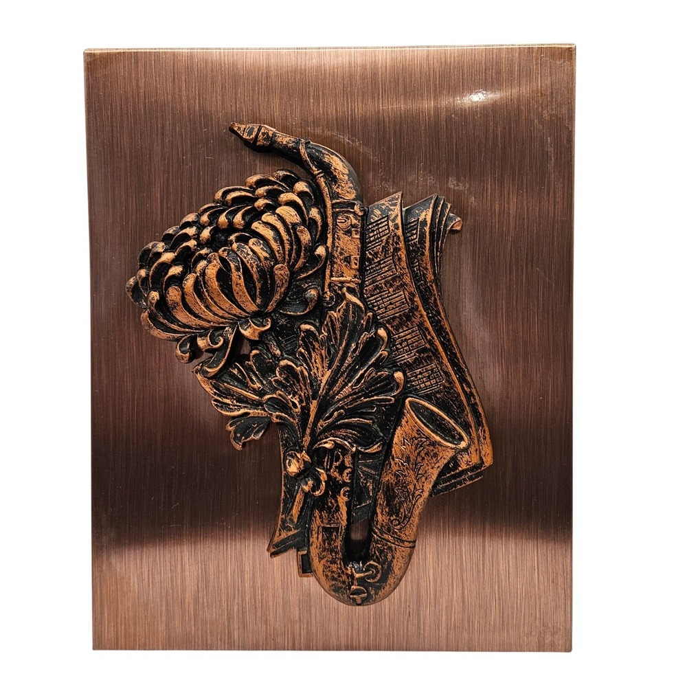 Vintage Coppercraft Guild 3D Relief Sax Sheet Music Floral Accent Wall Plaque